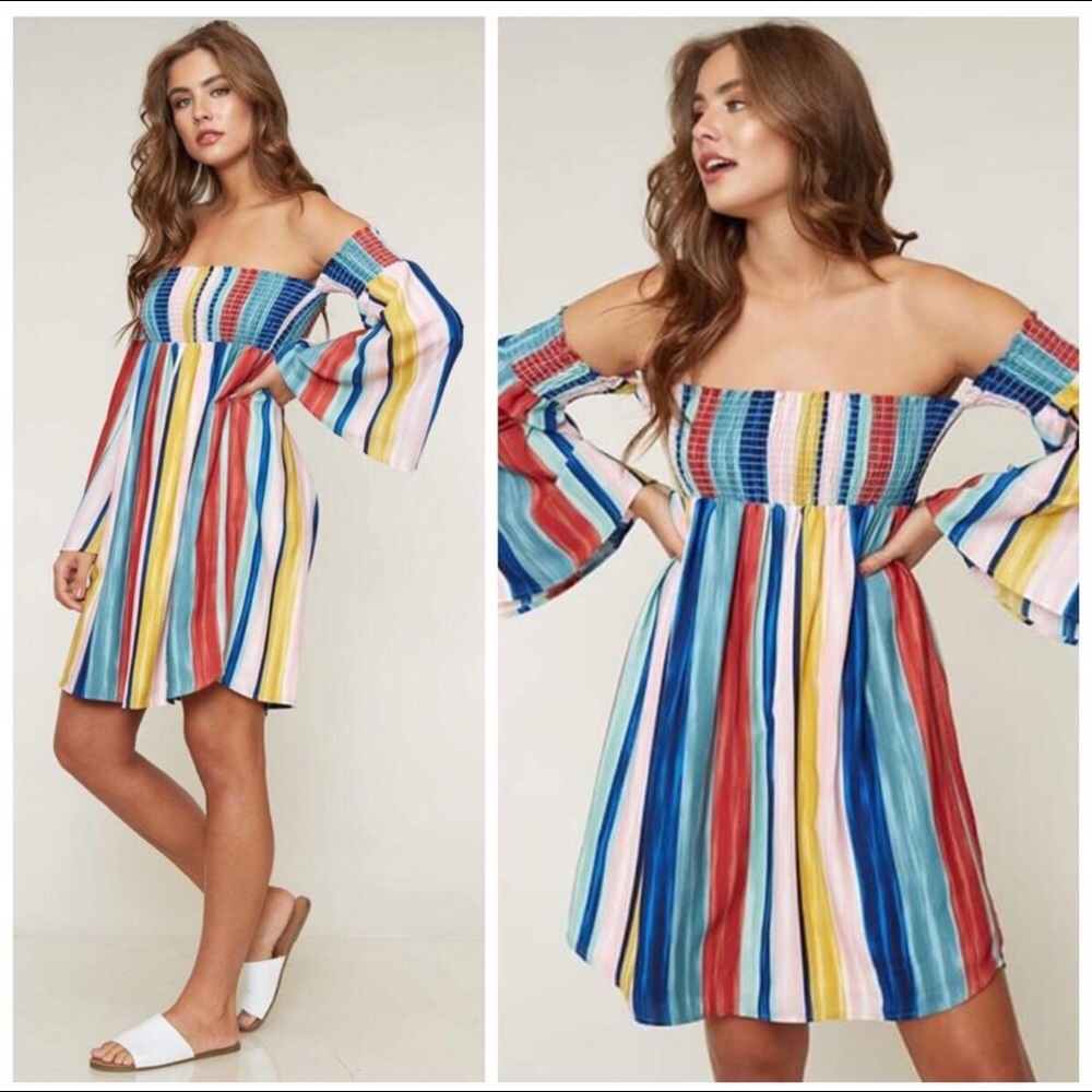 🥂🚨 Off-Shoulder Boho Stripe Dress❤️👗🥂
